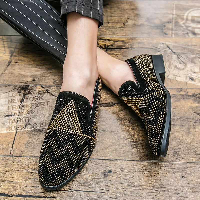 Maxy Fashion Italian handmade rhinestone leather shoes men's casual foot set slip-on leather hair stylist bean shoes fashion