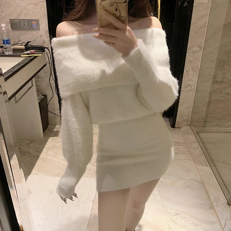 Babs New Sweater Dress Women Pullover Solid Color Korean Fashion Sexy Off Shoulder Bodycon Mini Robe Femme