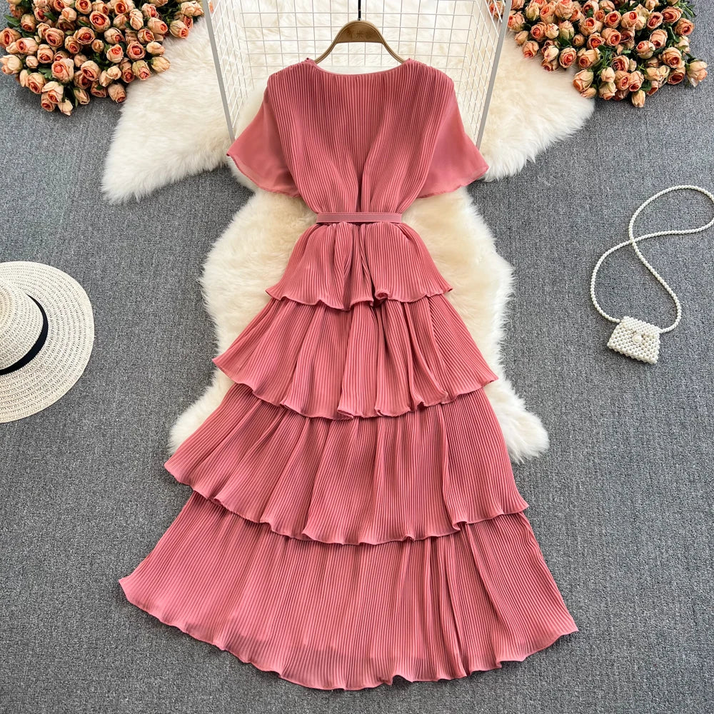 Babs Summer Beach Long Dress Women Elegant V-Neck Short Sleeve Cascading Ruffles Big Swing Female Red/Green/Pink Maxy Robe