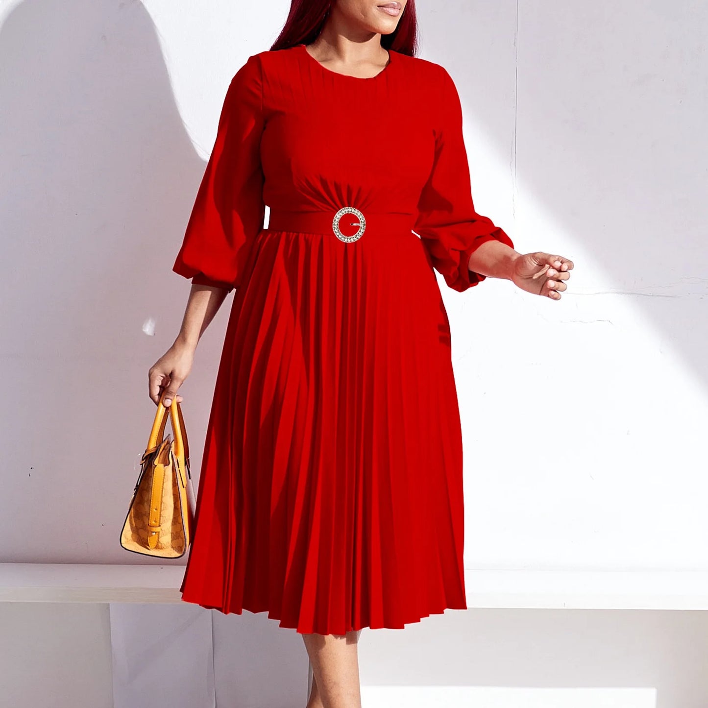 Maxy Elegant Dresses Woman Pleated O Neck Full Sleeve Belt Waisted Mid Calf Luxury Female Birthday Party Dinner Vestidos Mujer