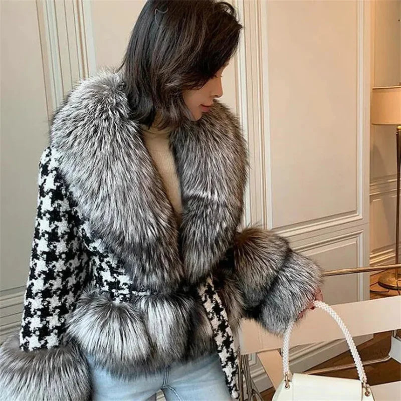 Babs Fox Fur Grass Coat Women Short Thousand Bird Grid Double Faced Fleece Collar 2024 Small Fragrant Style Imitation Fur Coat Female