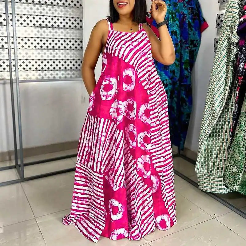 Maxy Plus Size 5XL VONDA Bohemian Printed Maxy Dress Summer Sleeveless Party Beach Sundress Tank Long Casual Loose Robe