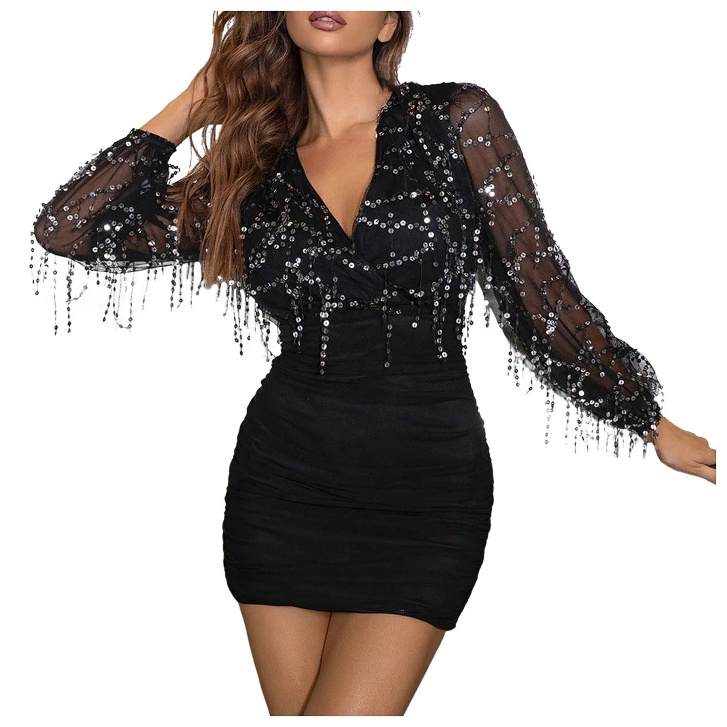 Babs Sexy Evening Dress For Women See Through Sequin Women Elegant Mesh Long Sleeve Party Dress Bodycon Club Birthday Dress