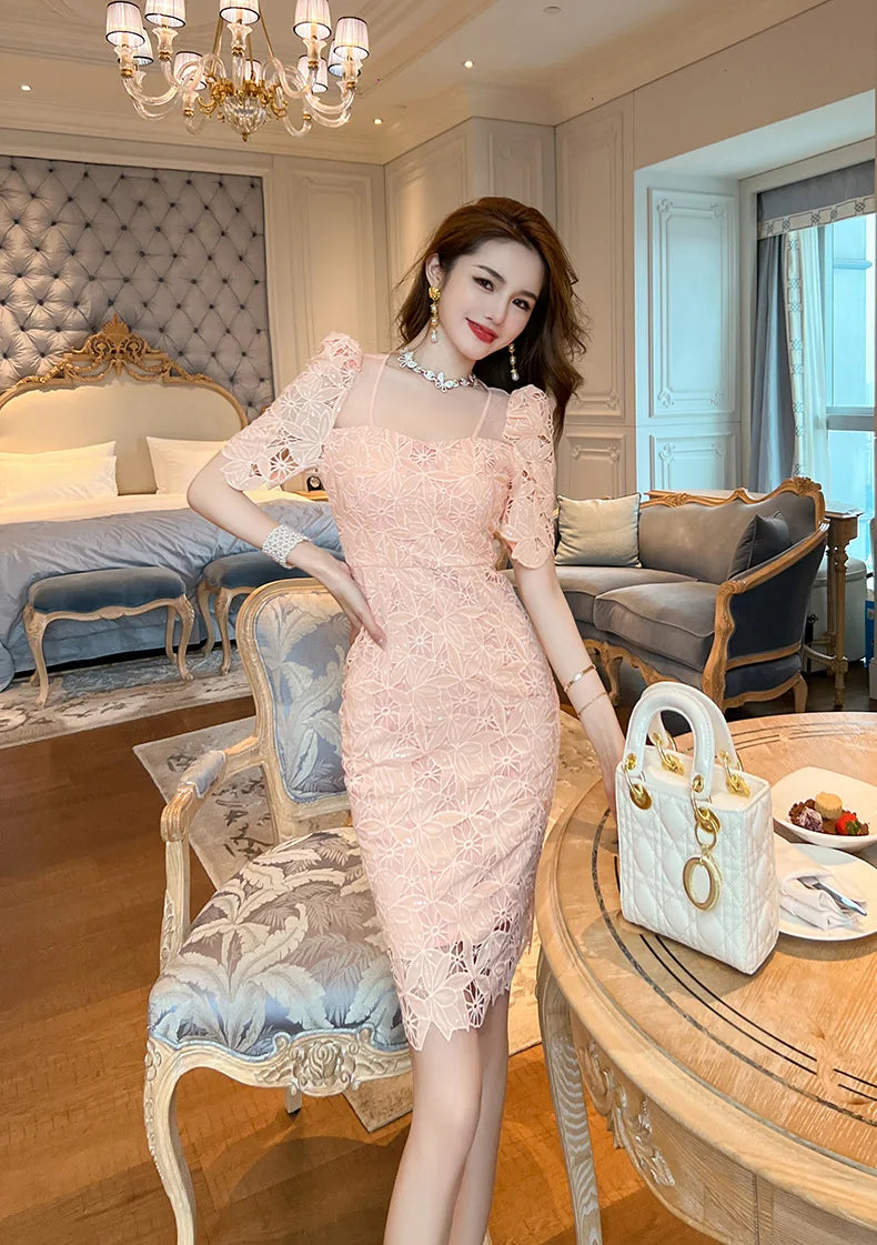 Summer 2024 Maxy new square collar water-soluble lace slim dress small children