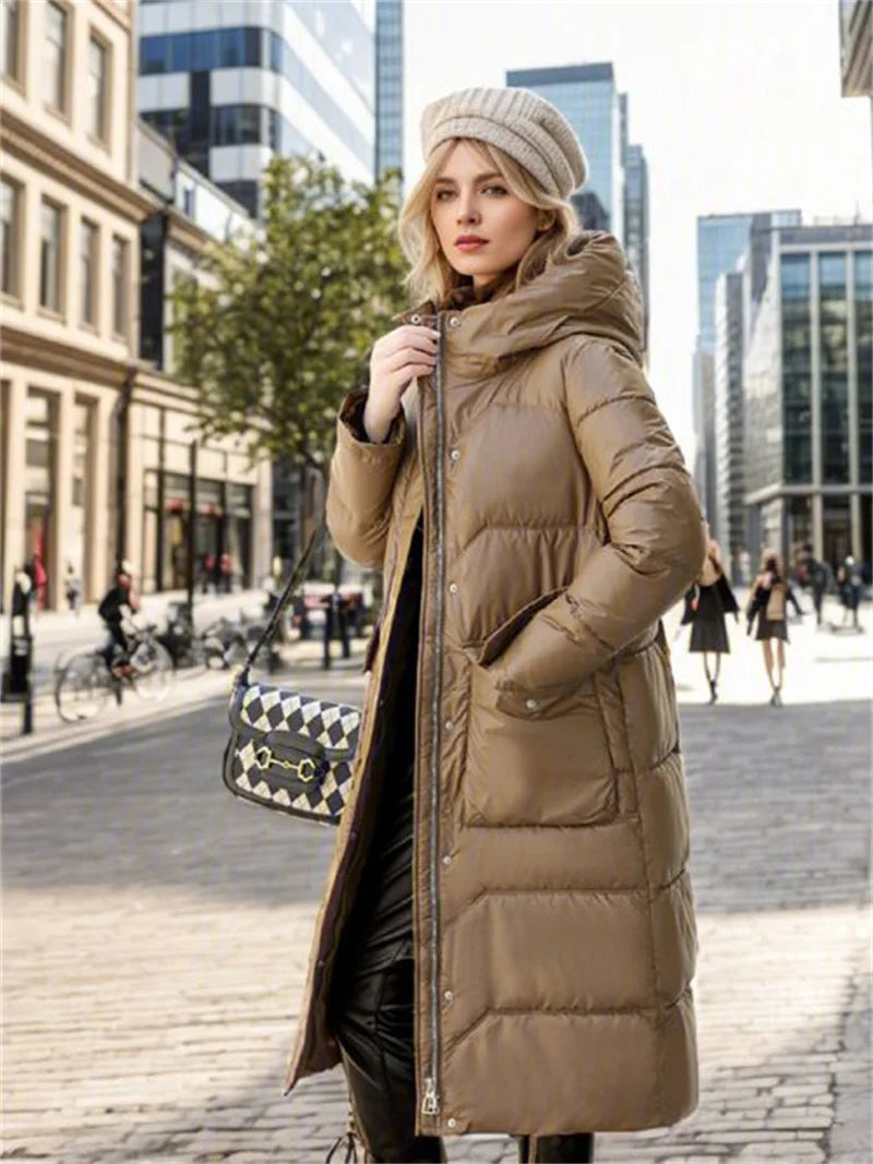 Momsey 2024 New Thicken Snow Parkas Fashion Windproof Glossy Down Cotton Hooded Women Jacket Winter Loose Long Coat Ladies Outwear