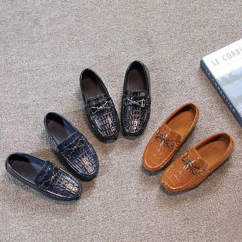 Visco Boys Leather Shoes Round-toe Flat Soft Kids Fashion Casual Loafers Glossy Metal Buckle Children Moccasins Non-slip Britain Style