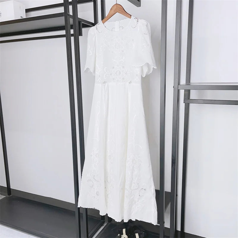 Momsey 2024 Spring Summer Women Dress Embroidery Hollow out White or Black Short Sleeve Female O-neck Midi Robe