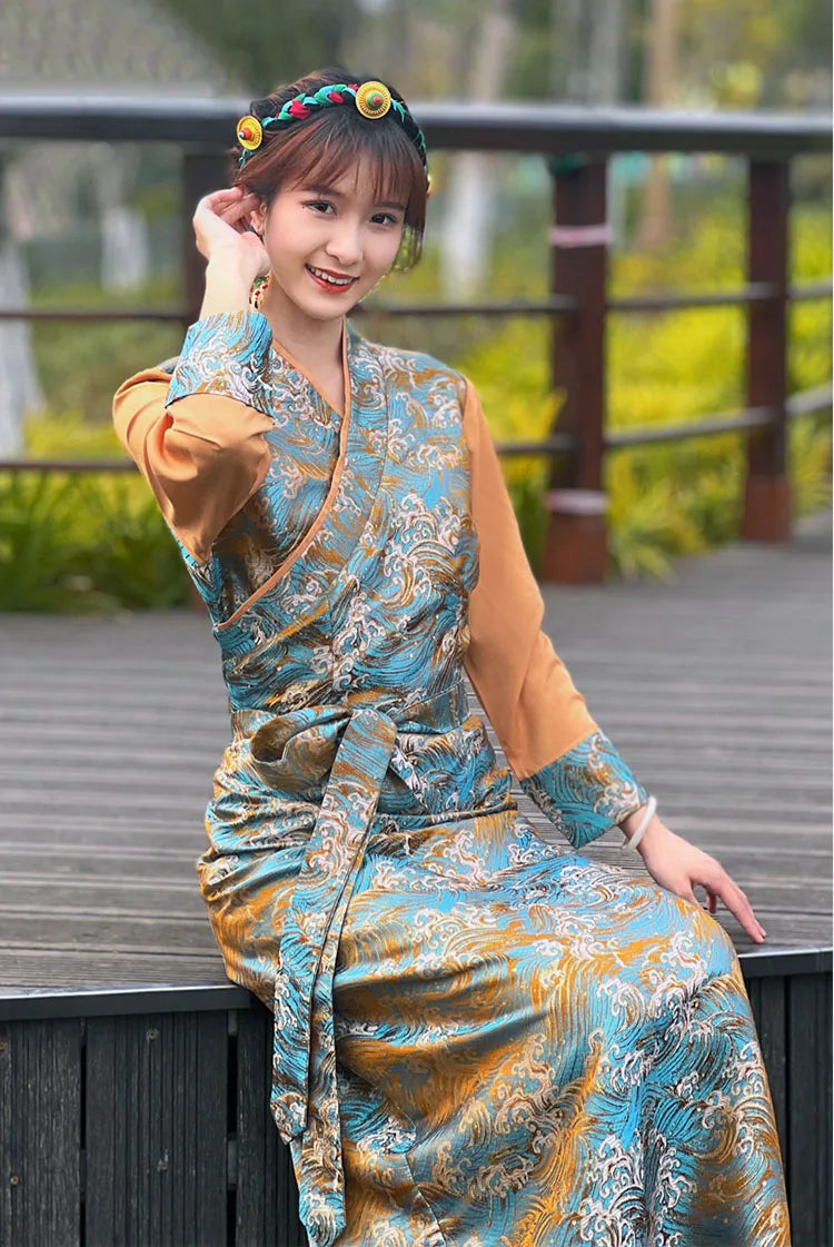 Summer Elegant Asian costume Tibetan Dress For Women Long Sleeve Traditional Ethnic clothing Oriental Ladies gown