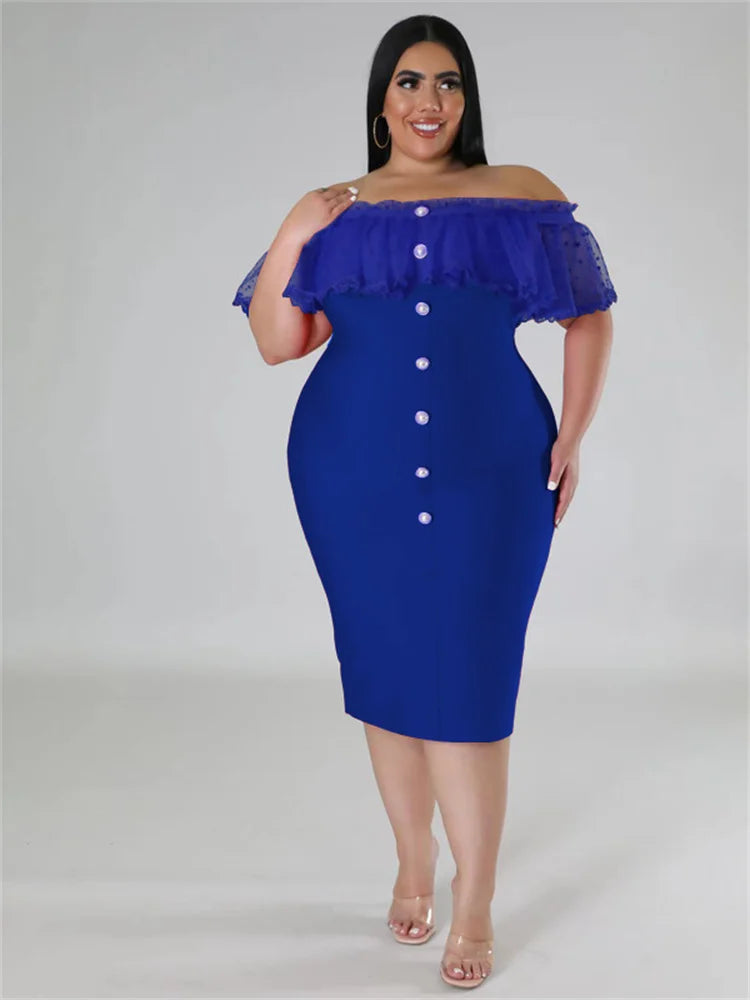Maxy Plus Size Party Dress Women Clothing Solid Mesh Patchwork Off Shoulder Dress Fashion Outfits