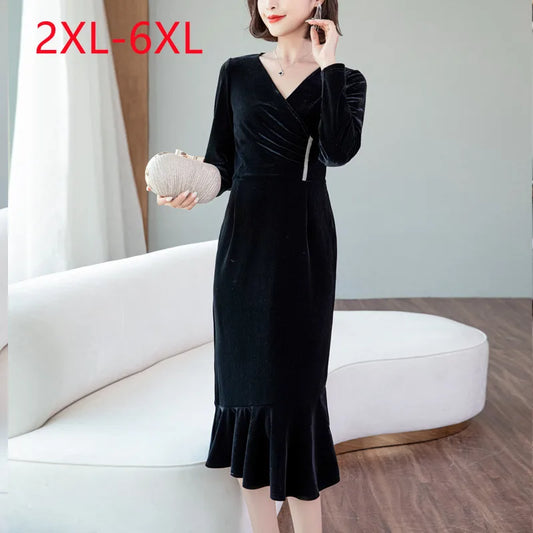 Babs Ladies Spring Autumn Plus Size Midi Dress for Women Large Size Long Sleeve V-neck Dress 2XL 3XL 4XL 5XL 6XL