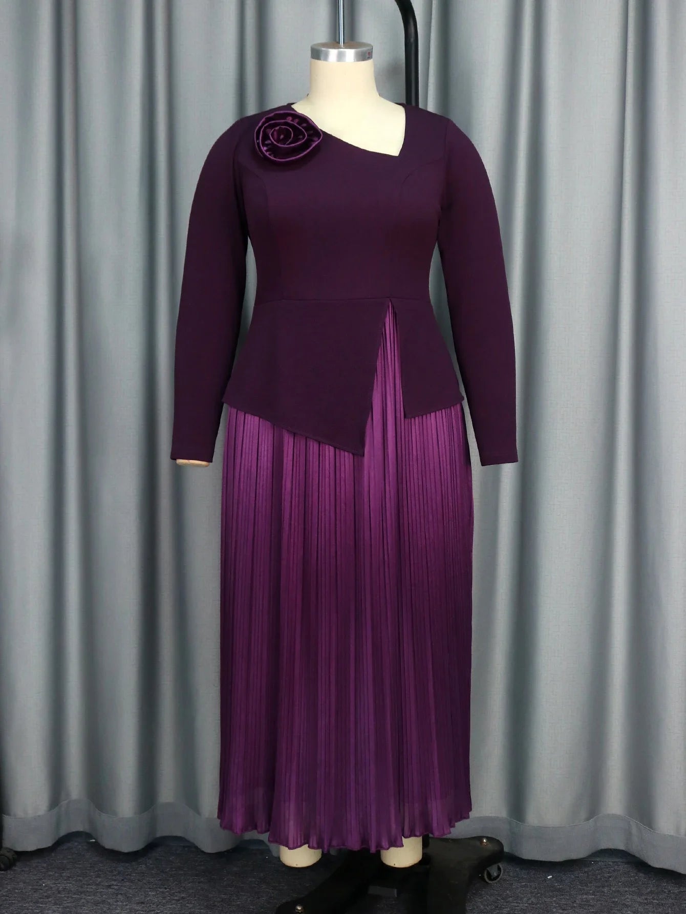 Momsey 2024 New Fall Winter Modest Long Sleeve Pleated Dress Skew Collar Purple Patchwork High Waist A-Line Church Event Gown Plus Size