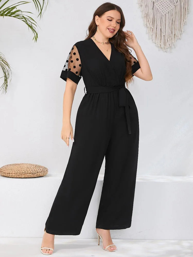 Macy Plus Size Dot Mesh Short Sleeve Belted Jumpsuit Women Summer V-neck Black Elegant Office Ladies High Waist Jumpsuits