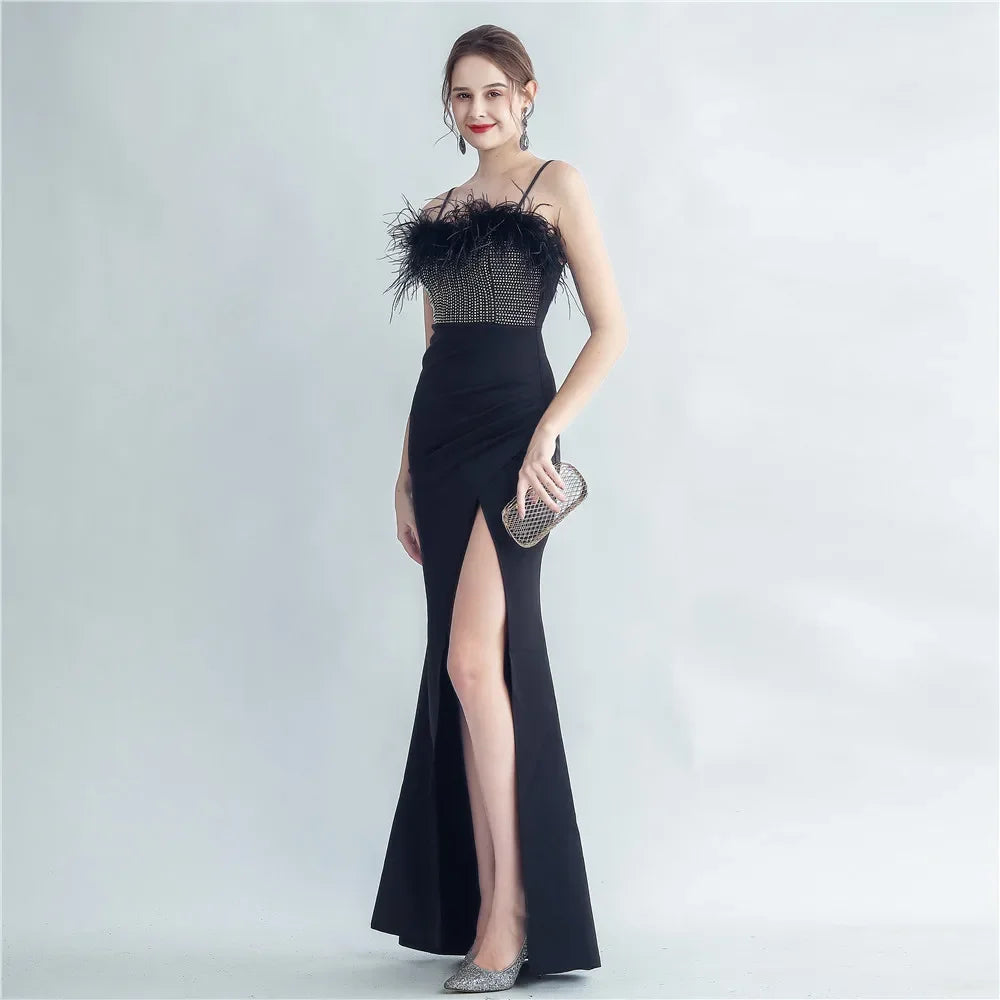 Babs Sequin Sexy Bust Beading With Feather Spaghetti Strap Slit Long Mermaid Party Night Dresses