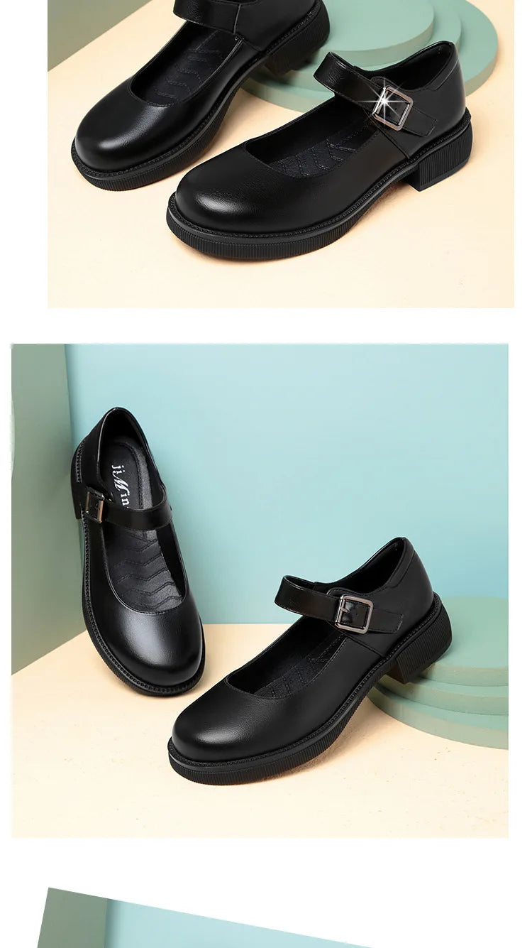 Maxy 3.5cm Breathable Shallow Mouth Bright Leather Shoes Women Mary Janes 2025 Fall Med Square Heels Sheos Black for Office Mom