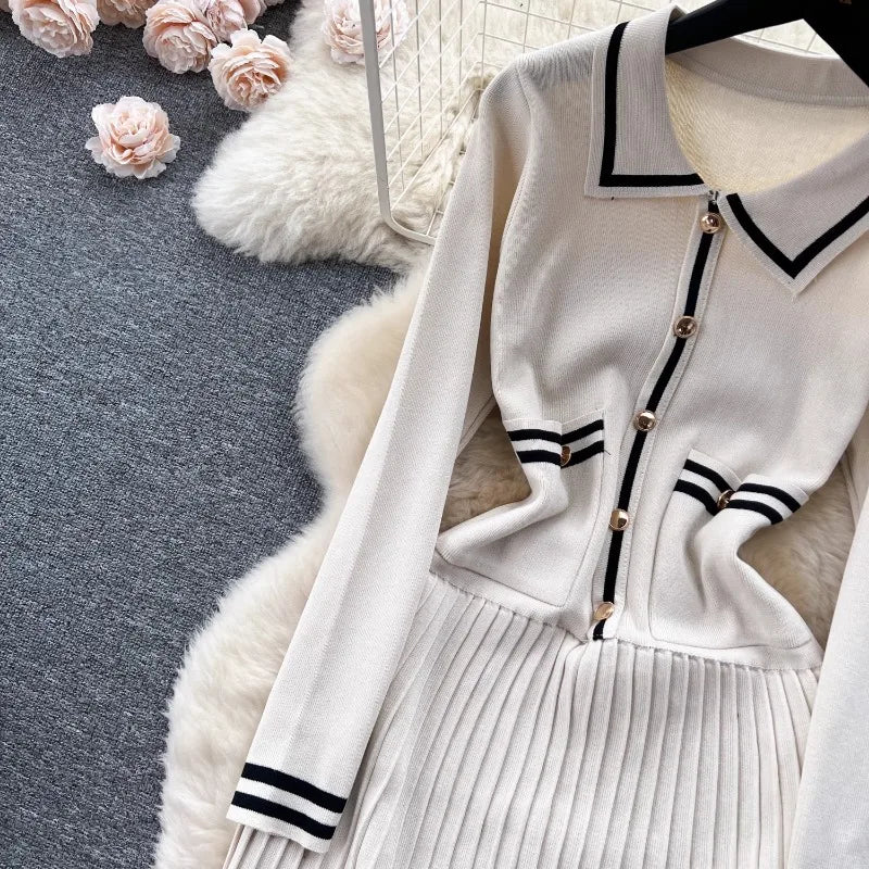 Maxy Simple Temperament Dress 2024 Autumn Winter Classic Striped Color Blocking Waist Cinching Slimming Lapel Knitted