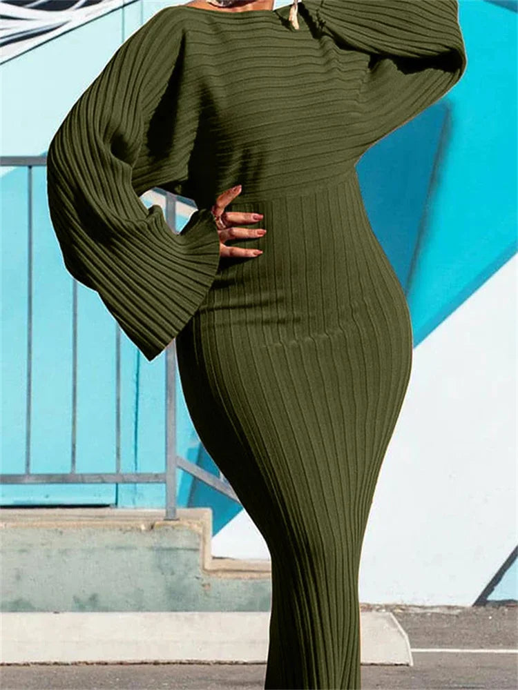 Maxy Women Dress Sexy Slim Fit O-Neck Long Sleeve Cocktail Party Elegant Ribbed Solid Color Hip Wrap Knitted Long Dresses Gown