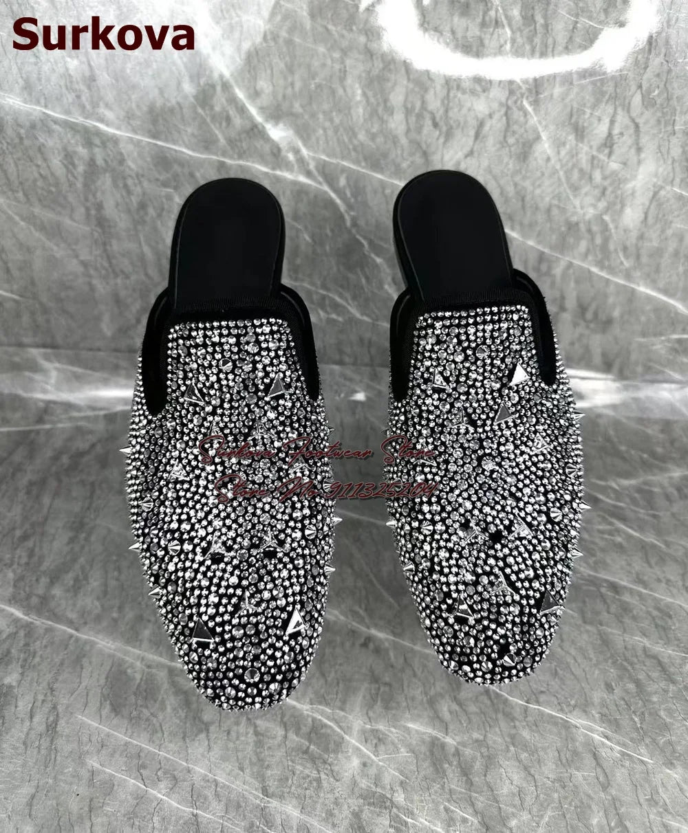 Maxy Surikova Men's Bling Silver Crystal Flat Slippers Metallic Rivets Loafers Slip-on Glittering Rhinestone Dress Shoes Mules