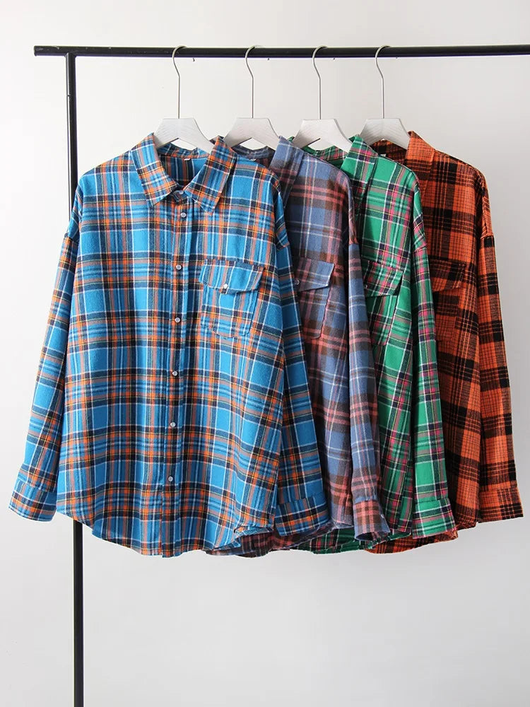 Maxy Green Vintage Plaid Shirt Women Oversize Top Long Sleeves Autumn Winter Loose Women's Shirt And Blouses Oversized