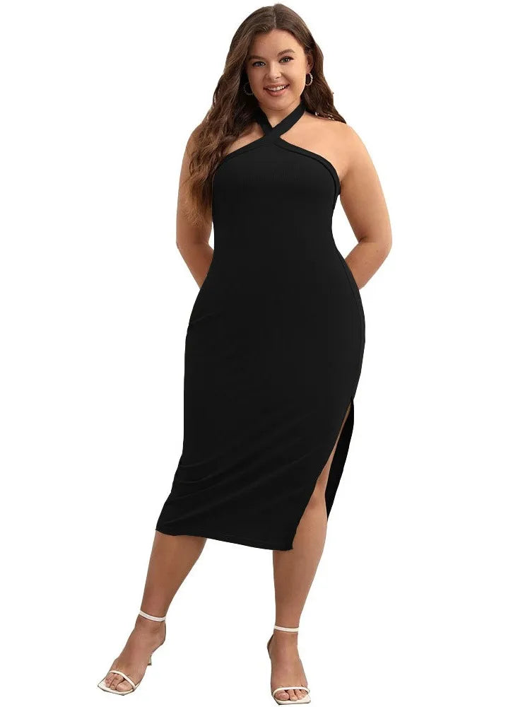 Babs Plus Size Summer Sleeveless Dress Women Sexy Slim Bodycon Backless Fashion Ladies Dresses Split Pleated Woman Midi Dress