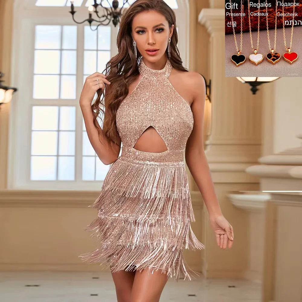 Gracy's Sexy Hollow Sequin Tassel Mini Dress Female Elegant Zipper Backless Halter Neck Dresses Fashion Gorgeous Party Gown