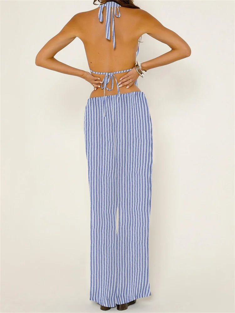 Macy Women Summer Pants Outfits Striped/Solid Halter Tie-Up Backless Tank Tops Wide-Leg Pants 2 Pieces Set Streetwear 2024.