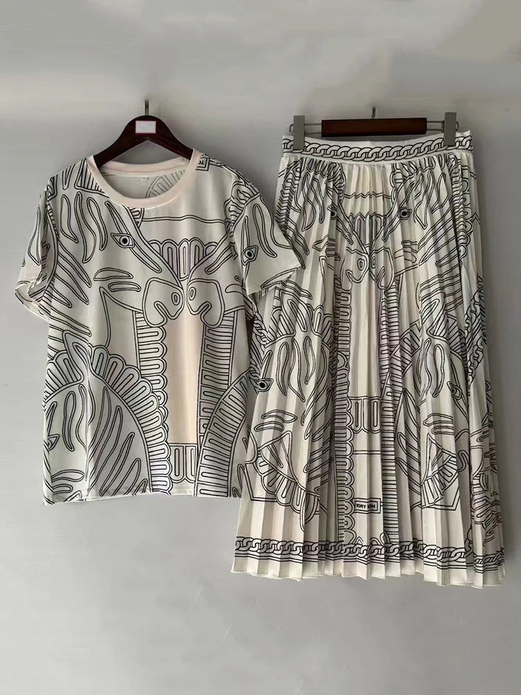 Maxy summer women's retro geometric print knit shirt sleeve T two-piece marlet + high waist sag pleated loose skirt fashion suit