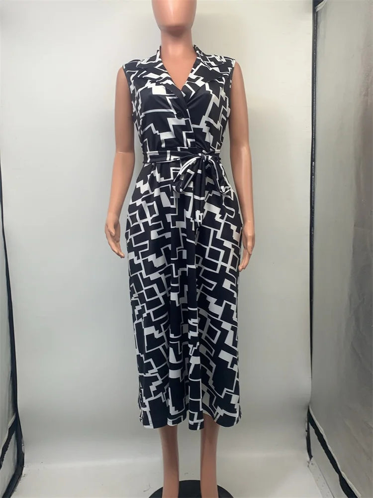 Maxy Women Dress Sleeveless Print Fashion Casual Temperament Turn Down Collar Female Shirt Dresses Daily Holiday Clothing