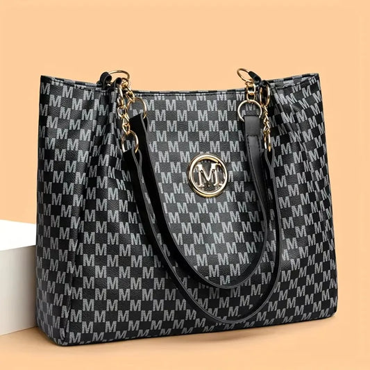 Maxy Vintage Geometric Tote Bag Synthetic Leather Letter "M" Design for Women Handbag Shoulder Bag Large Capacity Shopping Travel Bag