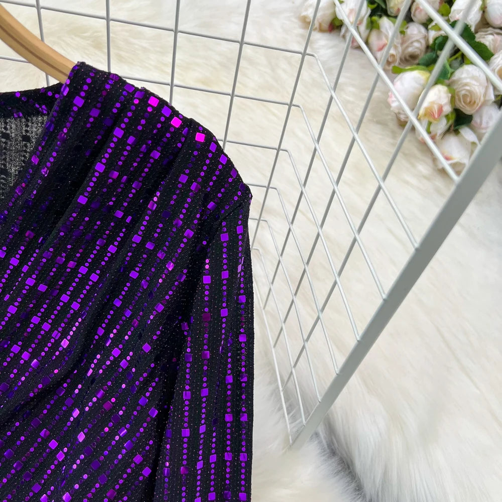 Babs Elegant Chic Y2K Women's Dress Long-sleeve V-neck Split Sequins Patchwork Hip Warp Dresses Autumn Winter