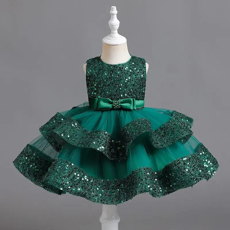 Summer New Beaded Bow Tie Sequin Mesh Children's Sleeveless Evening Dress School Graduation Party Multi Layered Dress