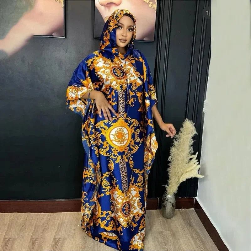 Maxy Elegant African Dresses for Women Fashion Print Boubou Dashiki Ankara Outfit Evening Gown Kaftan Hooded Robe 2024