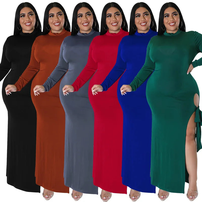 Maxy Plus Size Fall Clothing Women Long Sleeve Fashion High Slit Split Sexy Hollow Out Long Maxy Dress