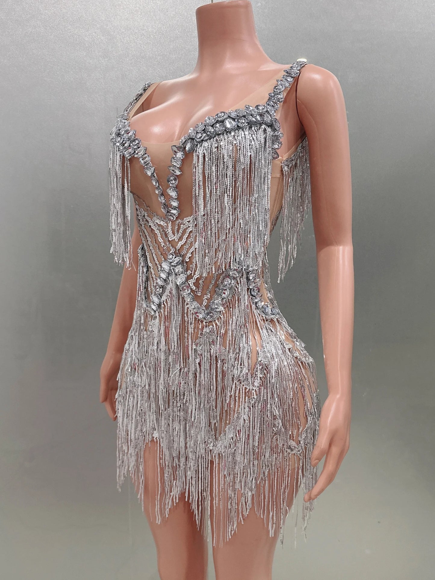 Babs Sleeveless Sexy V-Neck Sequins Fringes Crystal Bodycon Mini Dress Celebrate Nightclub Party Birthday Photo Shot Dress