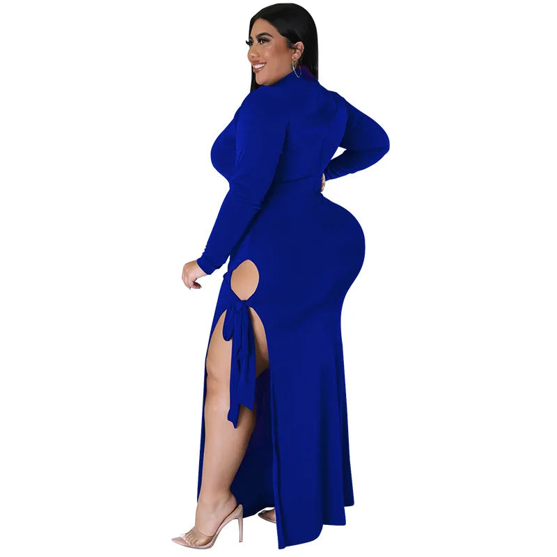 Maxy Plus Size Fall Clothing Women Long Sleeve Fashion High Slit Split Sexy Hollow Out Long Maxy Dress