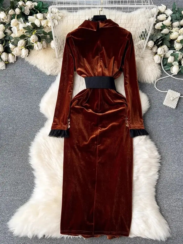 Babs Winter Luxury Velvet Dress Women Clothing Notched Lion Metal Buttons Split Letter Belt Thick Velour Long Party Vestidos