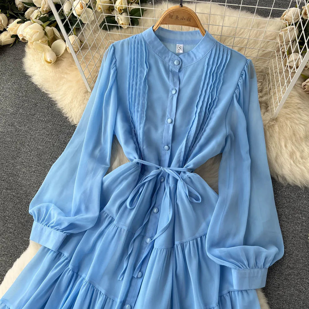 Maxy Spring Autumn Women Purple/Yellow/Blue Draped Chiffon Midi Dress Elegant Stand Collar Single Breasted Lantern Sleeve dress