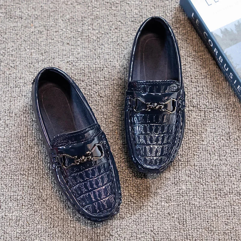 Visco Boys Leather Shoes Round-toe Flat Soft Kids Fashion Casual Loafers Glossy Metal Buckle Children Moccasins Non-slip Britain Style