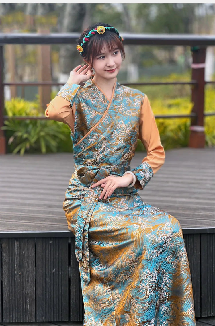 Summer Elegant Asian costume Tibetan Dress For Women Long Sleeve Traditional Ethnic clothing Oriental Ladies gown