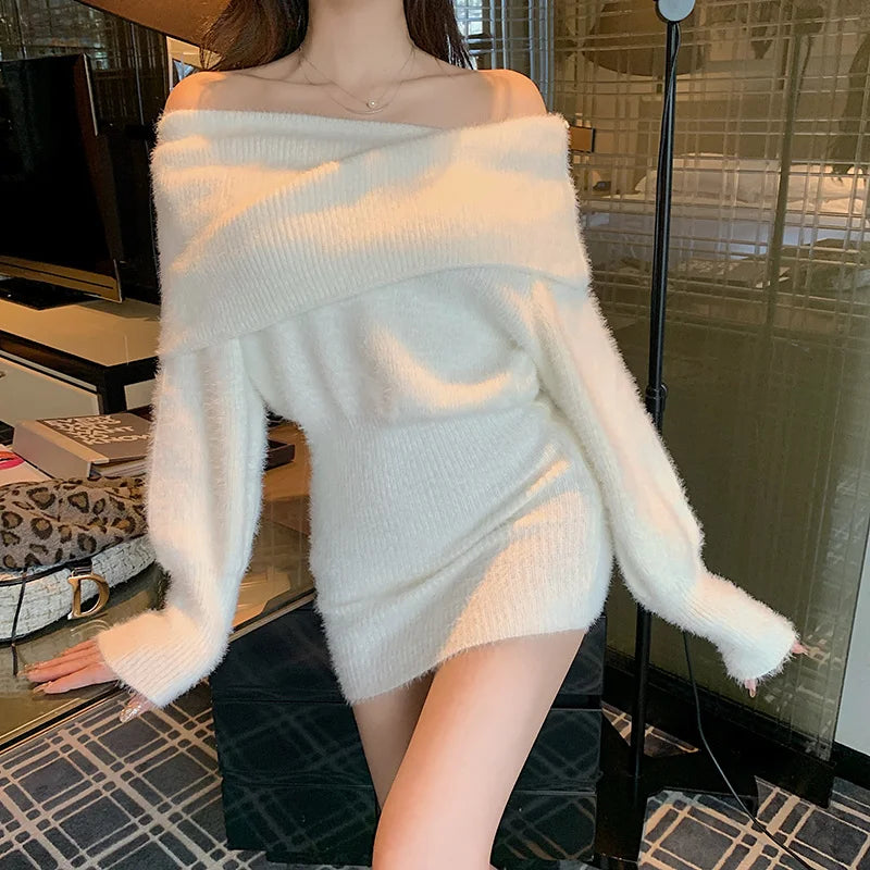 Babs New Sweater Dress Women Pullover Solid Color Korean Fashion Sexy Off Shoulder Bodycon Mini Robe Femme