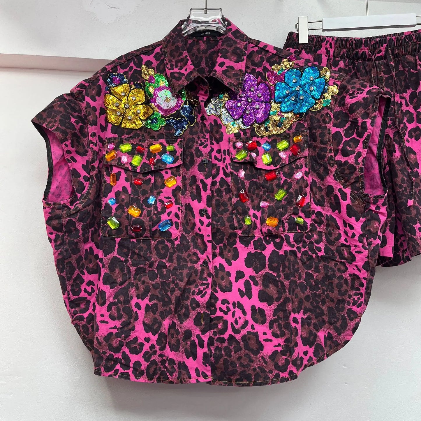 Maxy Leopard Printed Flowers Embroidery Sequined Shirts Rhinestones Blouses Diamonds Beaded Cardigan Tops + Elastic Shorts 2Pcs Set