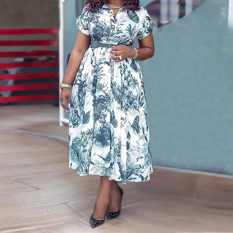 Amay Women Elegant Printed Party Dress Turn Down Collar Short Sleeve Pleated A-Line With Belt African Office Work Wear Plus Size 5XL
