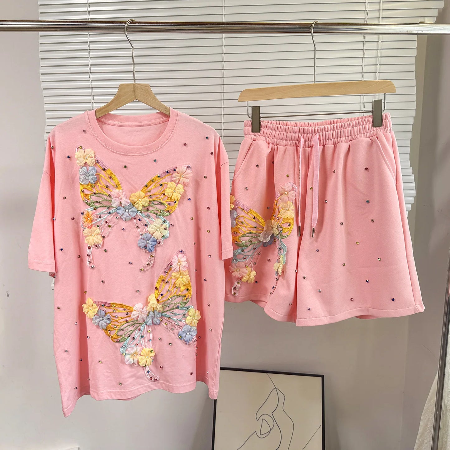 Maxy Fashion Butterfly Floral Beading Women's Set T-shirt and Shorts 2025 Summer Active Two 2 Piece Sets Outfit Tracksuit