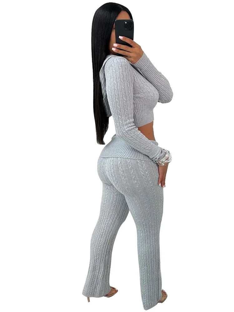 Maxy New 2 Piece Sets Women Clothing Pants Sets Casual Solid Color Knitted Long Sleeved Two-piece Set