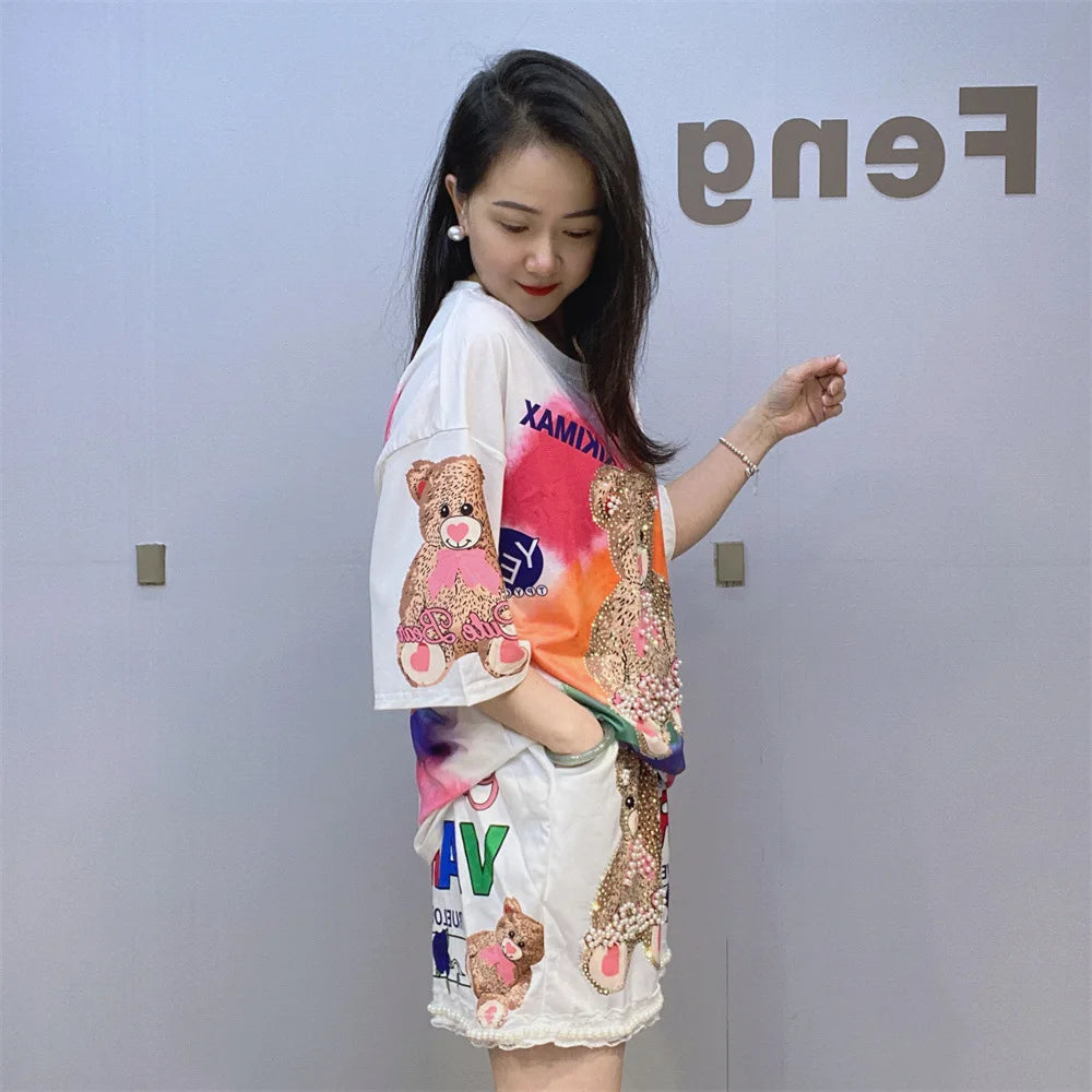 Maxy Beaded Cartoon Bear Shorts Casual Suit Women 2024 Summer Loose Printed Rhinestone Hot Fixed Short Sleeve T-shirt Two-Piece Sets