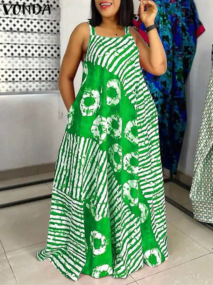 Maxy Plus Size 5XL VONDA Bohemian Printed Maxy Dress Summer Sleeveless Party Beach Sundress Tank Long Casual Loose Robe