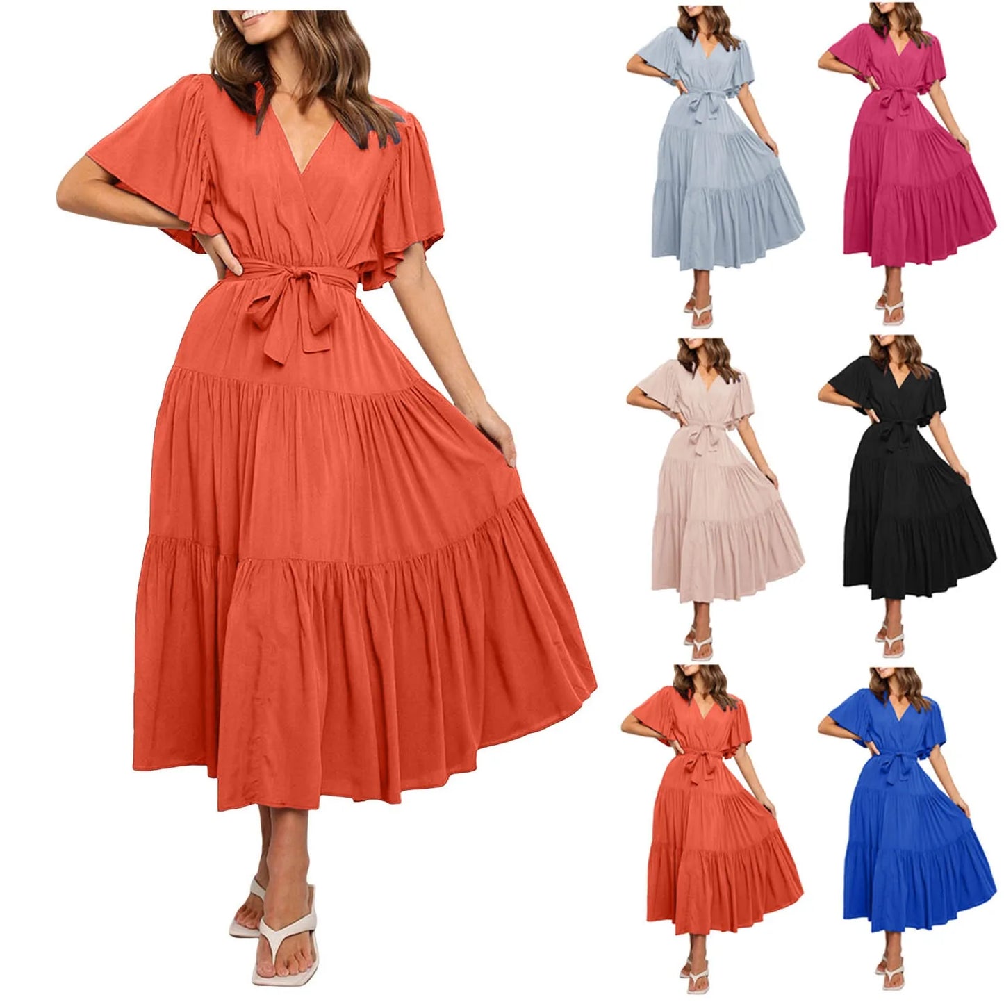 Women Chiffon Dress 2024 Summer Lace-Up Butterfly Sleeve Casual Ruffle V-Neck Fashion Party Vestidos Sexy Bohemian Robe Femme