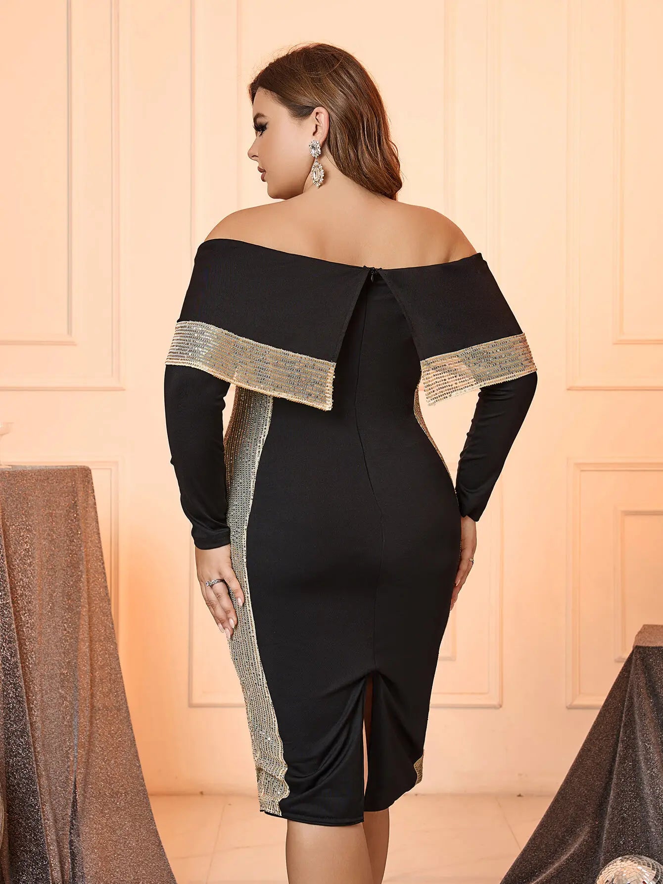 Bays Elegant Plus Size Women Dresses Fashion One Neck Long Sleeve Sequin Splicing Lady Formal Dresses Temperament Casual Large Dress