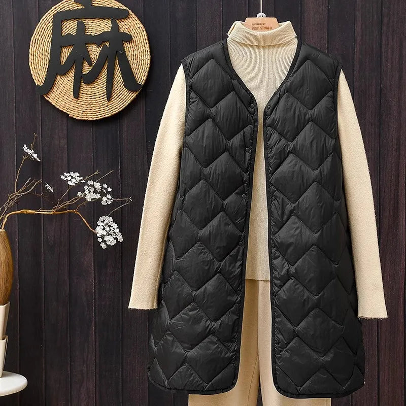 Maxy Plus Size Female Korean V-neck Casual Ultra-Light Vest Coat Autumn Winter Women X-Long White Duck Down Warm Sleeveless Jackets