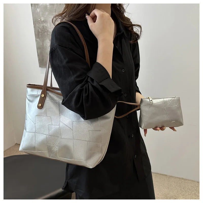Maxy Vintage Patchwork PU Leather Casual Tote Bags For Women, Large Capacity Shoulder Bag Ladies Handbags And Purses