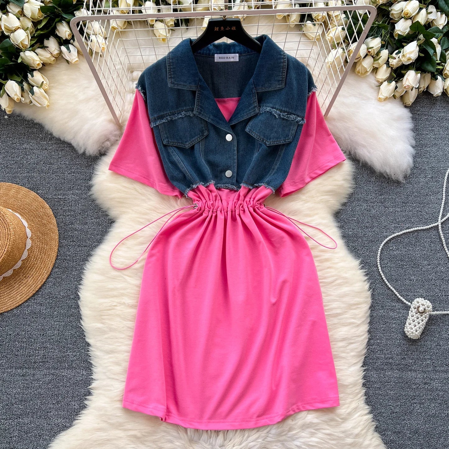 Women Casual Shirt Dress Korean Summer Short Sleeve Patchwork Denim Short Dresses Female Slim Drawstring High Waist Dress